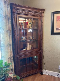 Wood Corner Curio Cabinet with Glass Doors