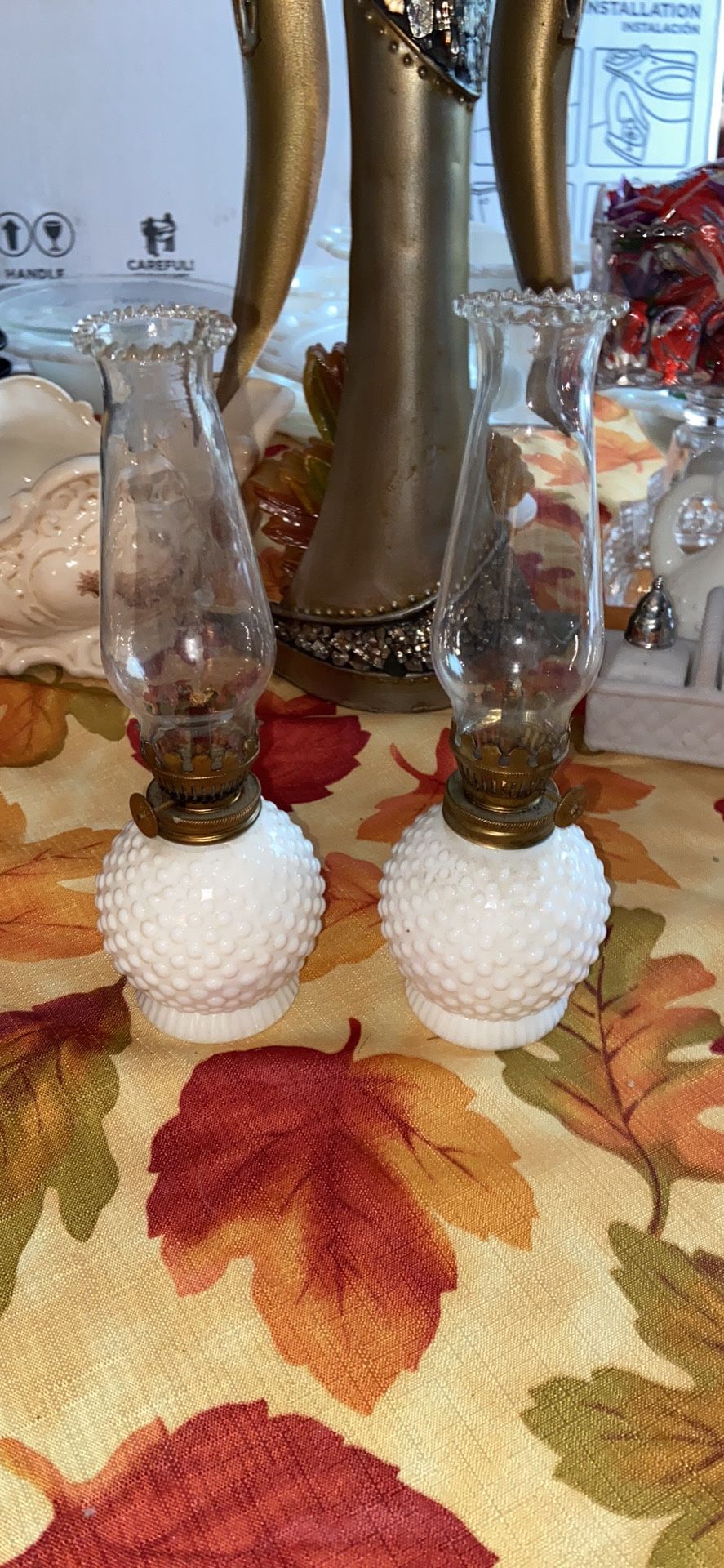 Vintage, Hob Nail, Oil Lamp Set