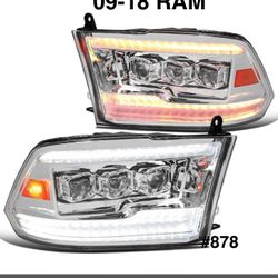 2009 TO 2018 Dodge Ram Dual LED DRL/Switchback Turn Signal Tri-Projector Headlights - Chrome