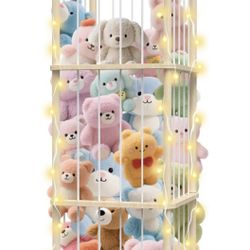 Brand New Stuffed Animal Storage with Warm Light, Wooden Stuffed Animal Holder with Brake Wheels