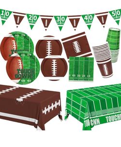 New Football Party Supplies Kit Serve 10,Includes Dinner Plates, Dessert Napkins, Cups,Banner and Touchdown Tablecloth for Birthday Gameday Tailgate D