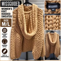 MISSGUIDED Women’s Chunky Knit Hooded Sweater – Size M/L – Tan/Beige