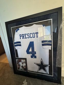 Dak Prescott Signed Dallas Cowboys #4 Framed White Jersey Autographed w/ COA NFL Memorabilia 43x35
