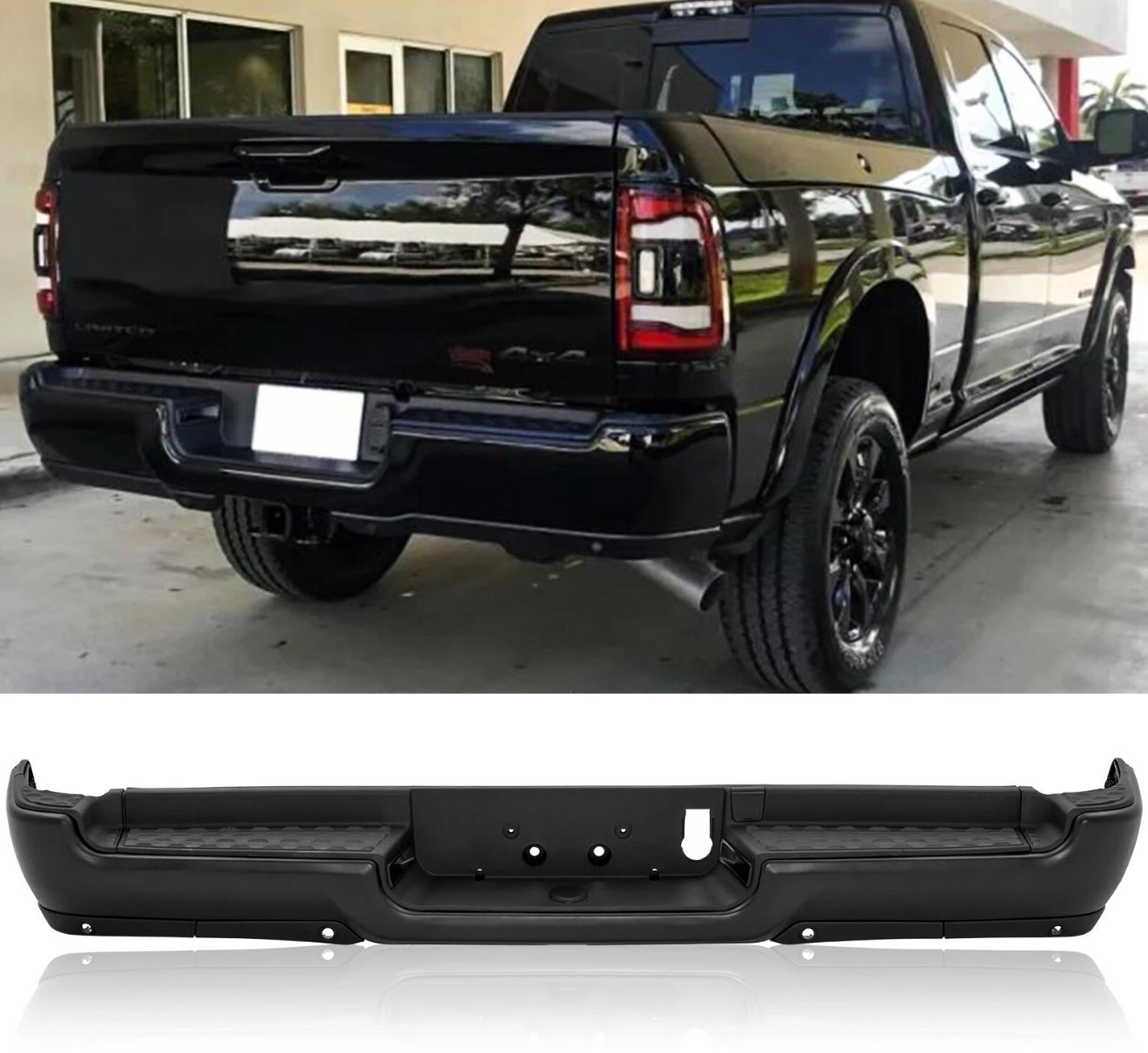 STEEL REAR BUMPER ASSEMBLY 2019-2023 DODGE RAM 1500 BLACK W/ SENSOR HOLES