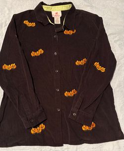 Quacker Factory Halloween Pumpkin Corduroy Shirt Large