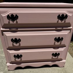 PENDING: Cute  Pink Dresser / Large Nightstand (Bachelor Chest) with 3 drawers and Black Accents.