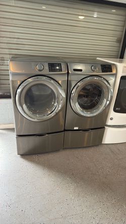 Beautiful Washer And Dryer Set Matching Pair Samsung Silver Works Great Fully Tested Cleaned And Warranty 90 Days