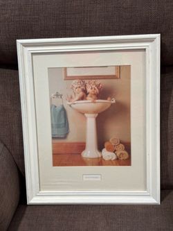 Pre Owned Vintage Anne Geddes 2 ADORABLE BABIES IN A WATER BASIN PRINT Framed