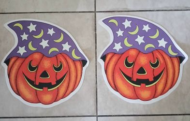 Set Of 2 Vtg Retro Fall Halloween Placemats Pumpkin Witch Hat Vinyl Spooky Decor