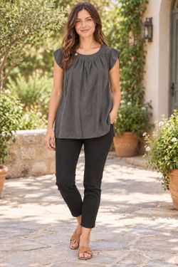 Women’s Small Gray Sleeveless Babydoll Tunic Blouse Gathered Neck Button