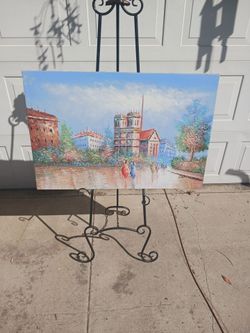 Original Unframed impressionist Paris street scene oil on 36x30 canvas signed Davis