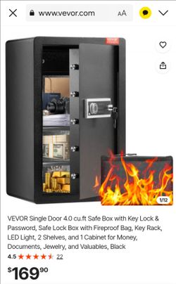 VEVOR Single Door 4.0 cu.ft Safe Box with Key Lock & Password, Safe Lock Box with Fireproof Bag, Key Rack, LED Light, 2 Shelves, and 1 Cabinet for Mon