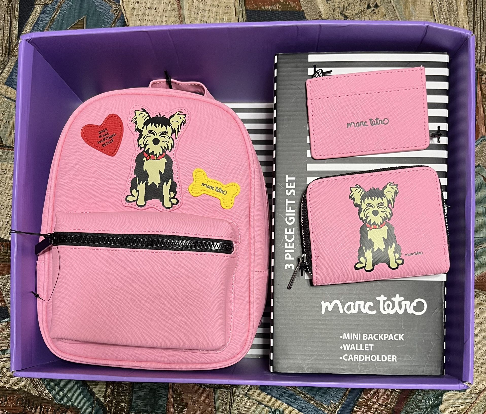 Marc Tetro Pink Mini Backpack Wallet Cardholder Yorkie Dog Gift Set