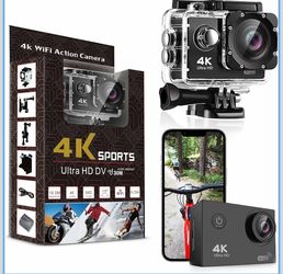 4K Action Camera Ultra HD Waterproof Video Camera with WiFi 170° Wide Angle Lens, Image Stabilization, Multiple Mounting Options, Underwater Recording