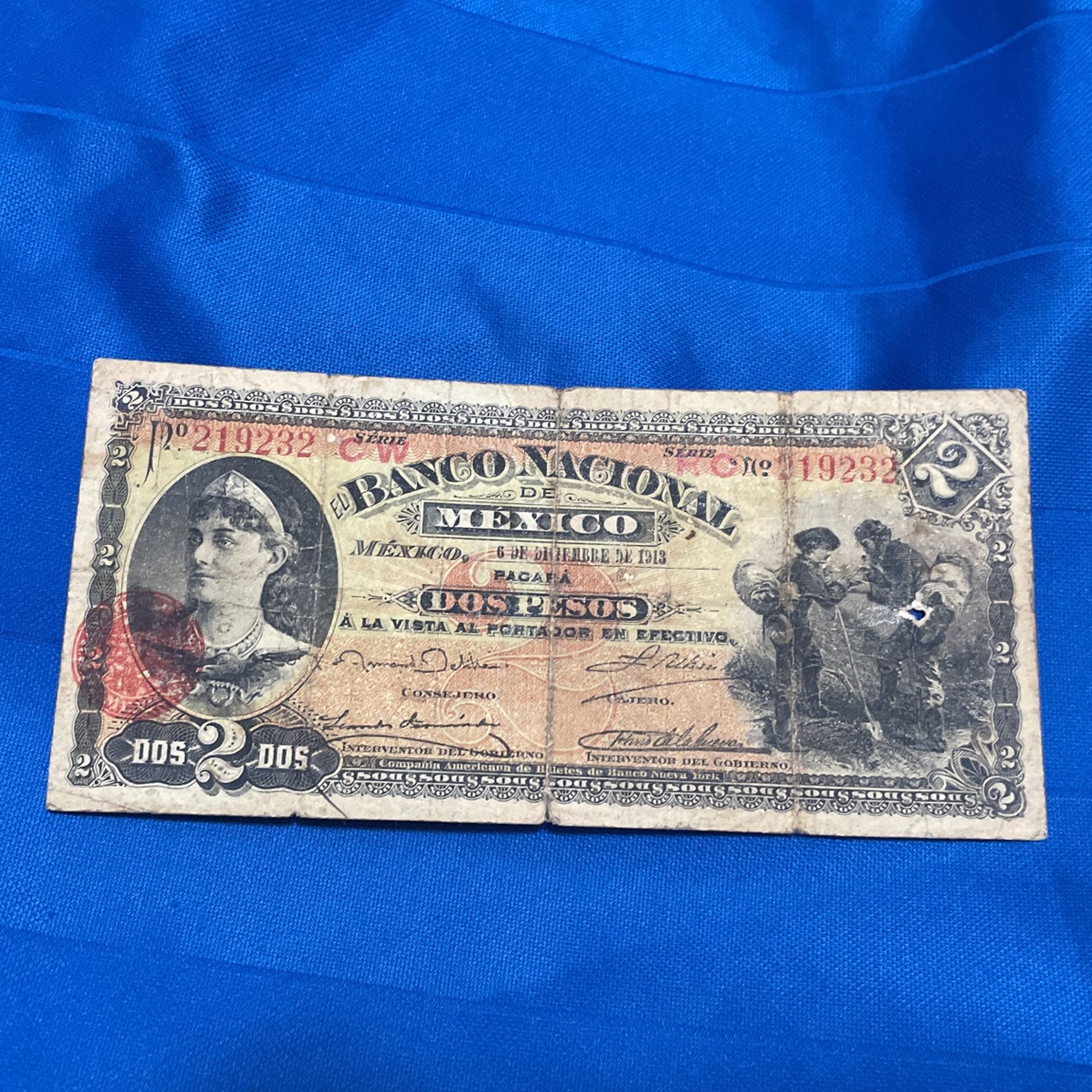 2 Pesos Banco Nacional De MEXICO 1913 Revolucionario