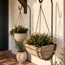 Vintage Lot 2 HALF MOON WOOD Hanging Basket/Planter/Hanging Storage Metal Wired  Flowers Plants Both