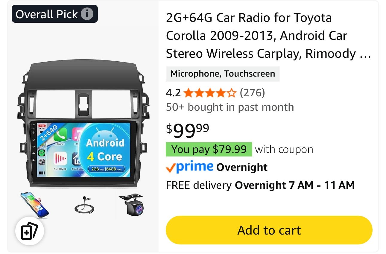 Car Radio for Toyota Corolla 2009-2013, Android Car Stereo Wireless Carplay, Touch Screen 