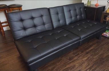 Mainstays Black Faux Leather Futon Sofa Bed, Memory Foam, Cupholders, USB