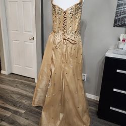 Gold Elegant Formal dress with Jewels one of a kind with split and drape on side