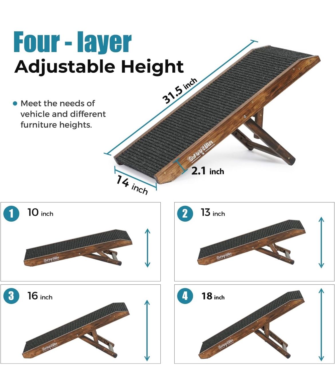 18" Tall Adjustable Pet Ramp - Small Dog Use Only - Wooden Folding Portable Dog & Cat Ramp Perfect for Couch or Bed with Non Slip Carpet Surface - 4 L