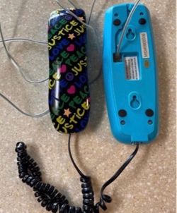 Blue home telephone wall mount or countertop justice push button excellent condition
