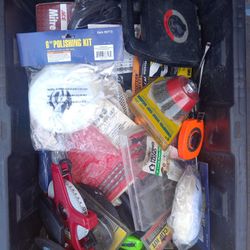 Bin Of New Tools And Some Used, Tape Measures, Pliers, Mitre Box, Rivit Guns And More. 