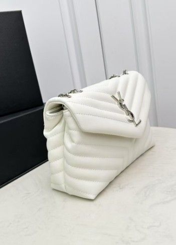 White silver buckle V-pattern shoulder bag