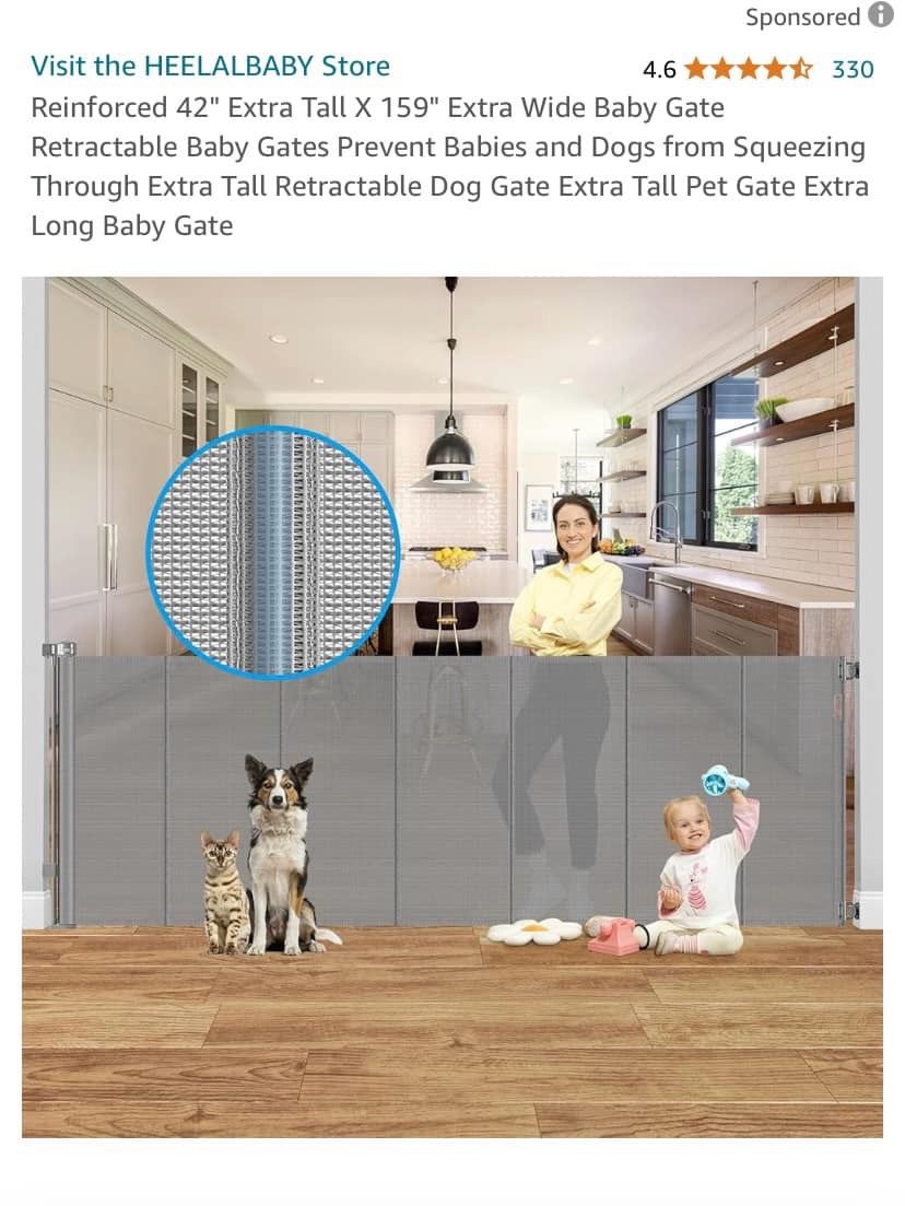 Heelababy Safety Baby Pet Gate Grey 42x159 Retractable Extra Tall NEW IN BOX $