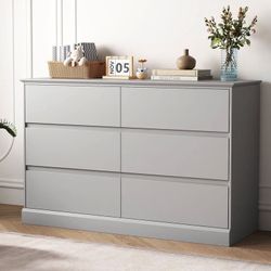 Bedroom Dresser Gray 6 Drawer Dressers Storage Chest of Drawers Double Dresser Storage Side Cabinet Room Furniture for Bedroom Living Room