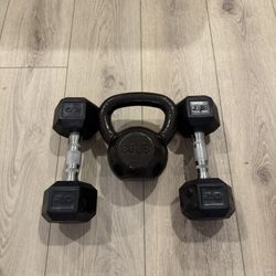 Home Gym Weights Bundle – 30 lb Kettlebell + Pair of 20 lb Dumbbells 