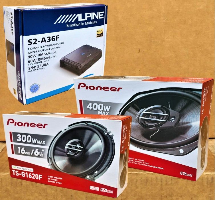 Alpine S Series 4 Channel Power Amplifier Pioneer Car Speaker 6 1/2" & 6x9" Coaxial Set 700 Watts Package 🚨 No Credit Needed 🚨