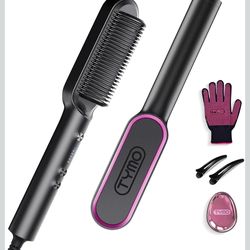 Hair Straightener Brush, TYMO Ring Hair Straightener Comb Straightening Brush for Women with 5 Temps 20s Fast Heating & Dual Voltage, Black
