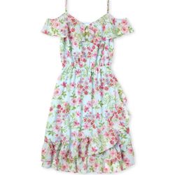 Girls Floral Cold Shoulder Dress - Party Blue XXL(16)