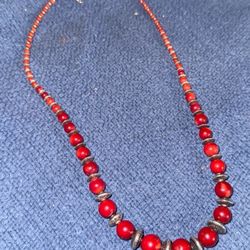 vintage red coral silver beaded necklace