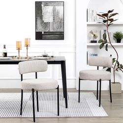 Light Grey Boucle Dining Chairs Set of 2, Mid Century Modern Upholstered Kitchen Chairs with Curved Backrest and Black Metal Legs Color Gre