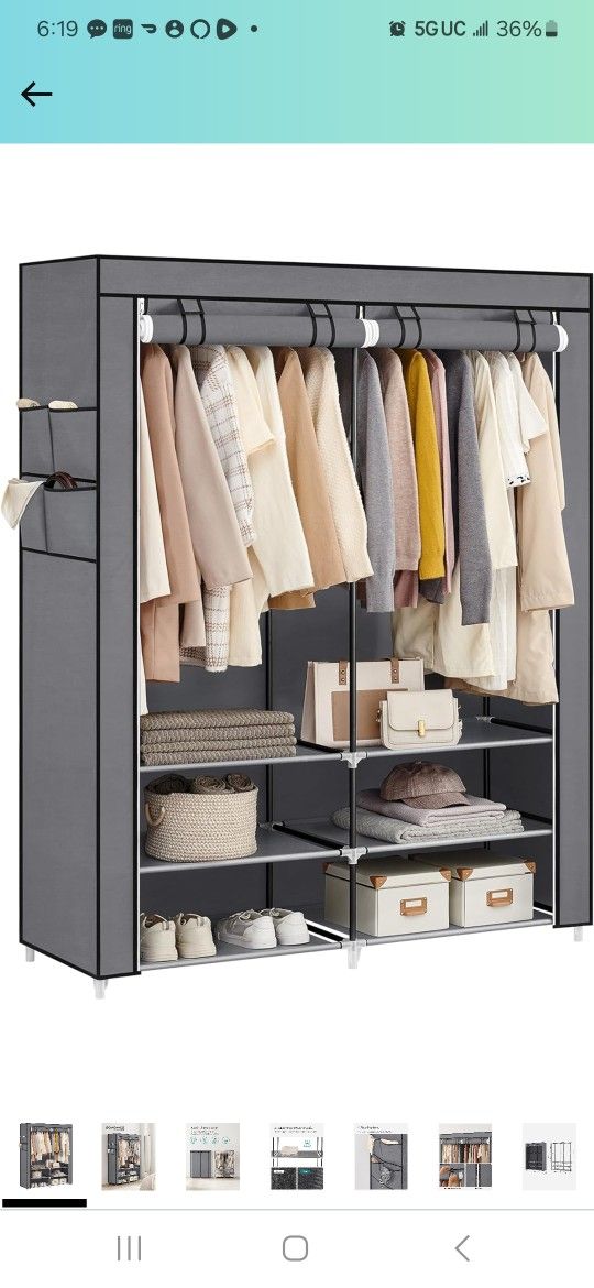 SONGMICS Portable Closet Wardrobe with Shoe Rack and Cover, Closet Storage Organizer, 2 Hanging Rods, Shelves, and 4 Side Pockets, 50 x 17.7 x 69.3 In