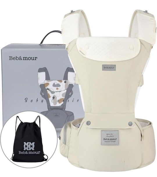 Bebamour Baby Carrier Safety-Certified Hip Seat Baby Carrier Newborn to Toddler Baby Hipseat 0-36Months with Head Hood, 3 PCS Teething Pads, Waist Ex