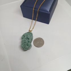 Certified Natural Green Jade Jadeist Burma Pixiu Good Luck Safety Pdnt Stainless Steel Chain 18" 