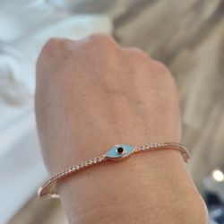 Red Gold Tone CZ Evil Eye Enamel Bangle Bracelet 