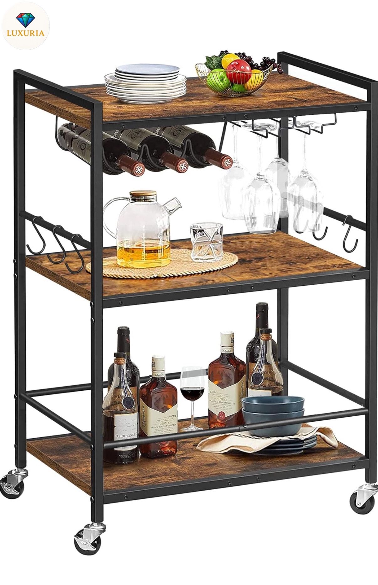 [SALE] 🍷 Rustic Brown Bar Cart – 3-Tier Rolling Beverage Station with Wine Rack & Glass Holders