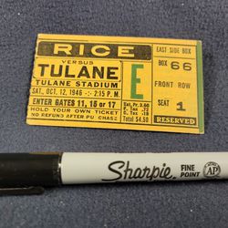 Vintage Ticket Stub From Oct 12, 1946, Rice vs. Tulane College Football
