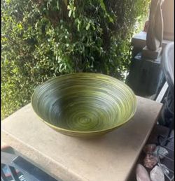 Big Vintage 1970s Avocado Green Woven Bamboo Bowl: