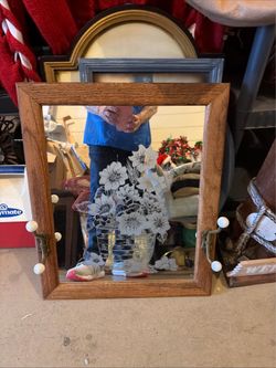 Vintage Oak Framed Wall Mirror Etched Flowers Brass Hooks Entry way