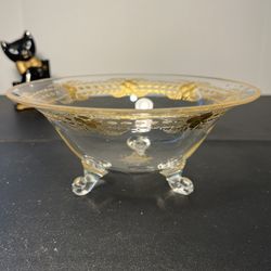 Fostoria 1930s 3 Legged Clear Gold Etched Trim Bowl, 8.5x3.5”