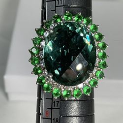 Vintage 925 Sterling  Silver Green &  Teal Tourmaline & Emerald Statement Ring