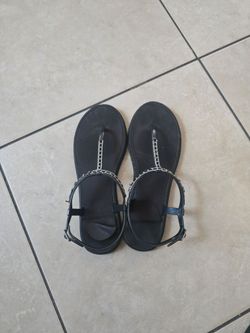 Black Rhinestone T-Strap Flat Sandals size 10