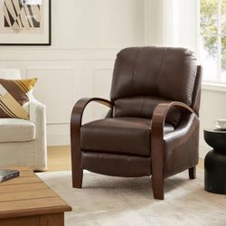 HULALA HOME Genuine Leather Manual Recliner with Wood Feet & Armrest, Mid-Century Modern Push Back Reclining Chair for Living Room Bedroom, Chocolate 