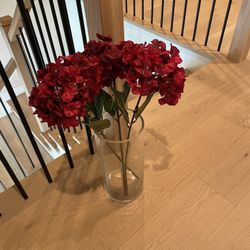 Glass Vase And Fake Flowers Red