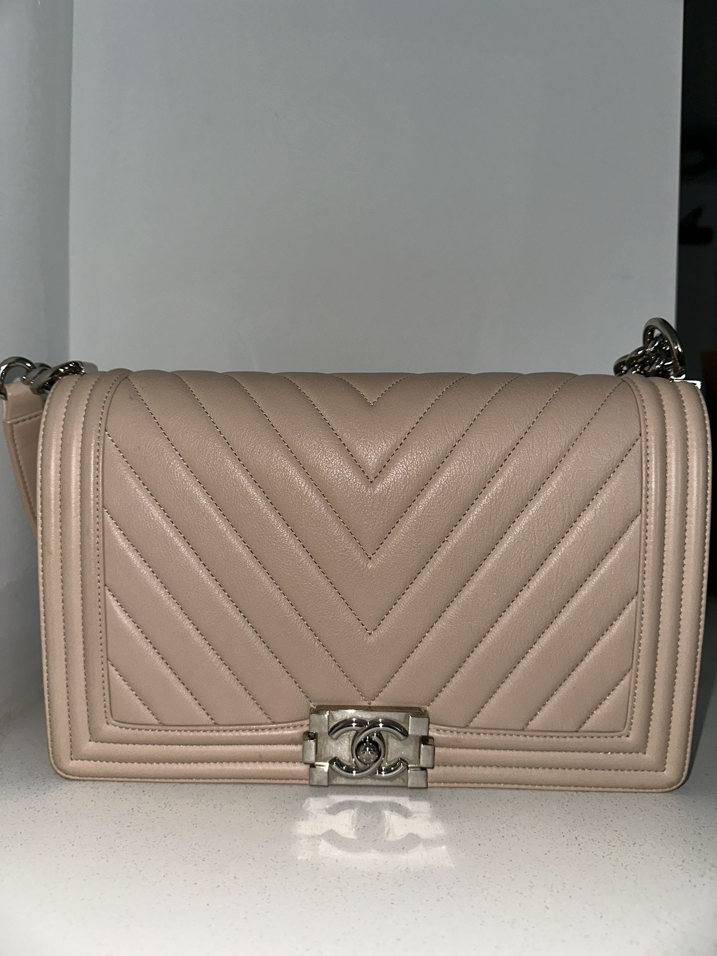 Chanel Bag Caviar Chevron Quilted Medium Boy Flap - Beige