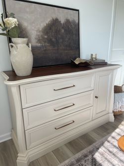 White & Walnut Dresser, Buffet, Console | Refinished Solid Wood | Brass Hardware